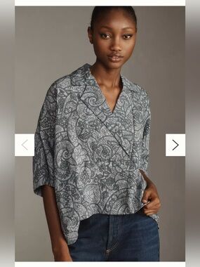 Anthropologie Women Gray Paisley Dylon Short Sleeve Wide Placket Top XS